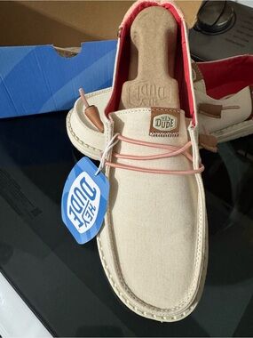 Hey Dude Women’s Slip-On Boat Shoe in Beige with Coral Lining